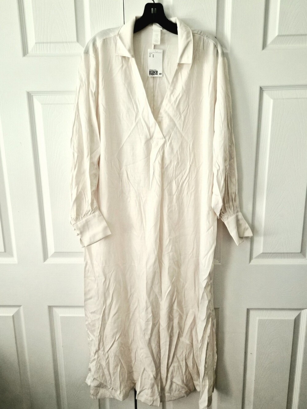 NWT H&M HM Cream V Neck Dress Wide Cut L/S Beach Kaftan Midi Shirt Collar MEDIUM - Picture 3 of 8